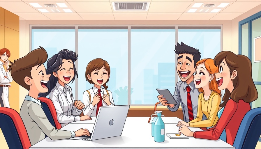 Humor in the Workplace Benefits shown in a friendly animated office setting.