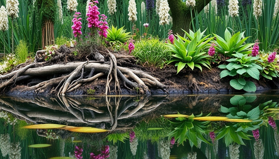 Lush home gardening scene with raised bed and pond reflection.