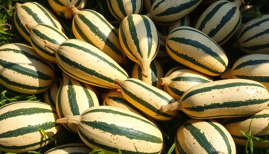 Striped cushaw squashes gathered in sunlight on grass.