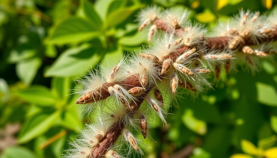 Close-up of woolly aphids on a tree branch in a garden setting.