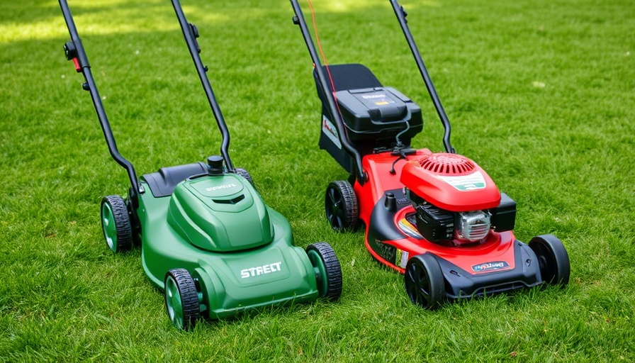 Comparison of electric vs. gas-powered lawn mowers on a lawn.