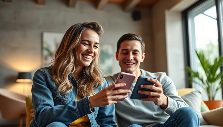 Couple using smartphone for Honeydue budget app review in cozy living room.