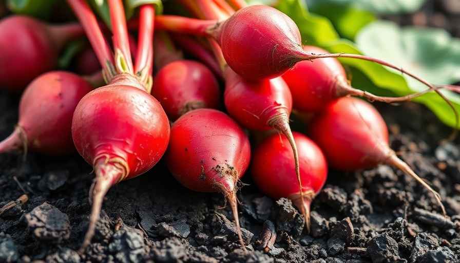 Close-up of freshly harvested radishes on soil.
