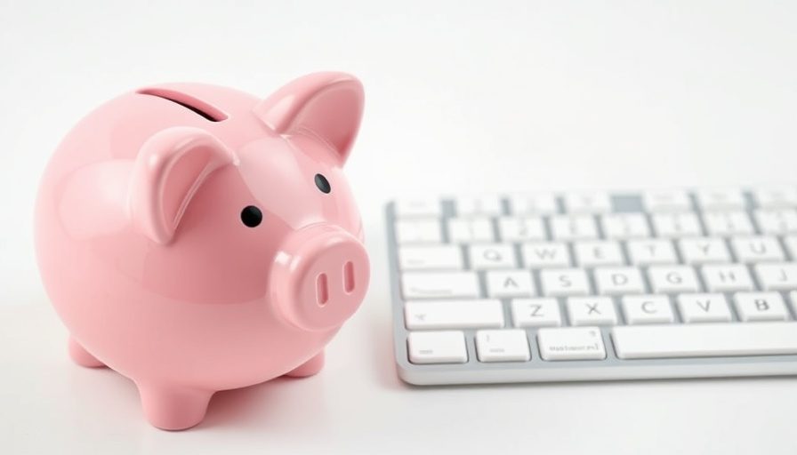 Piggy bank and keyboard represent saving money on groceries online.
