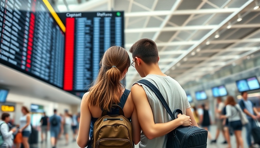Couple checking departure board for Memorial Day travel tips.