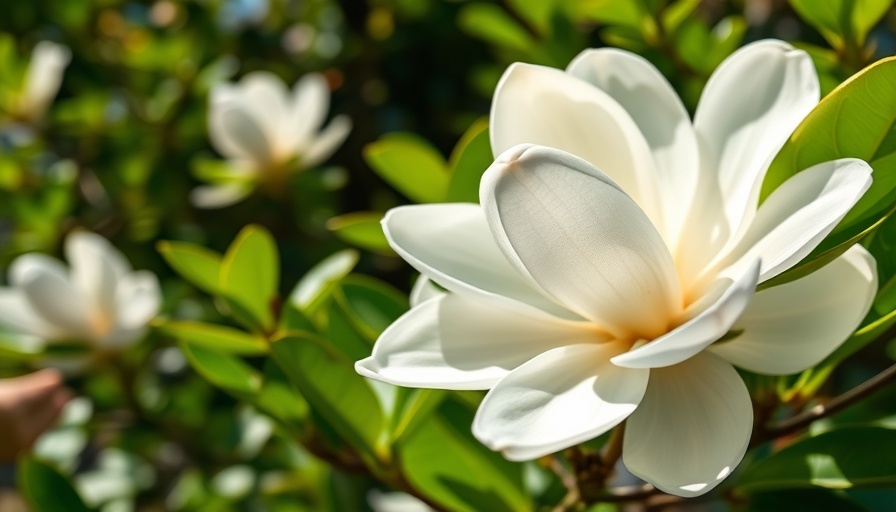 Graceful white magnolia blossom with lush green leaves.