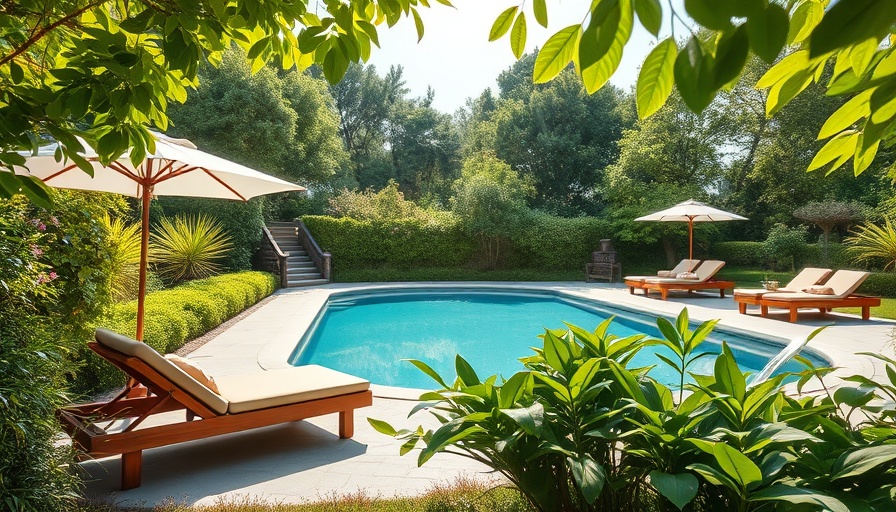 Stunning pool and garden decoration ideas with wooden loungers and umbrellas.