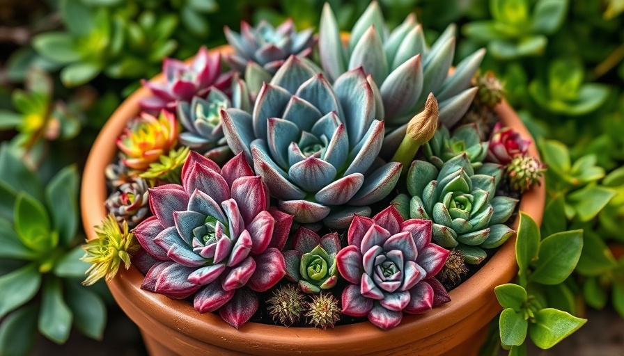 Home gardening: vibrant succulent arrangement in terracotta pot.