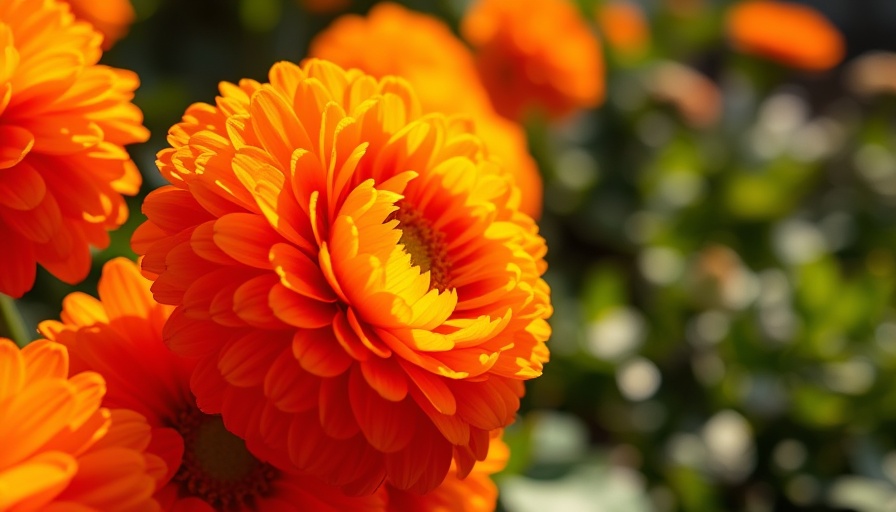 Vivid orange and yellow ranunculus flowers in sunlight.