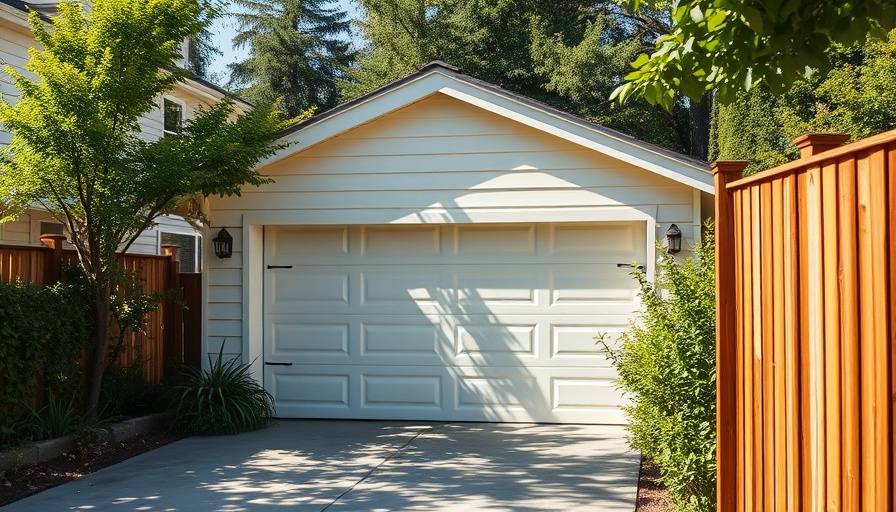 Modern garage with partially open door in sunny suburban area.