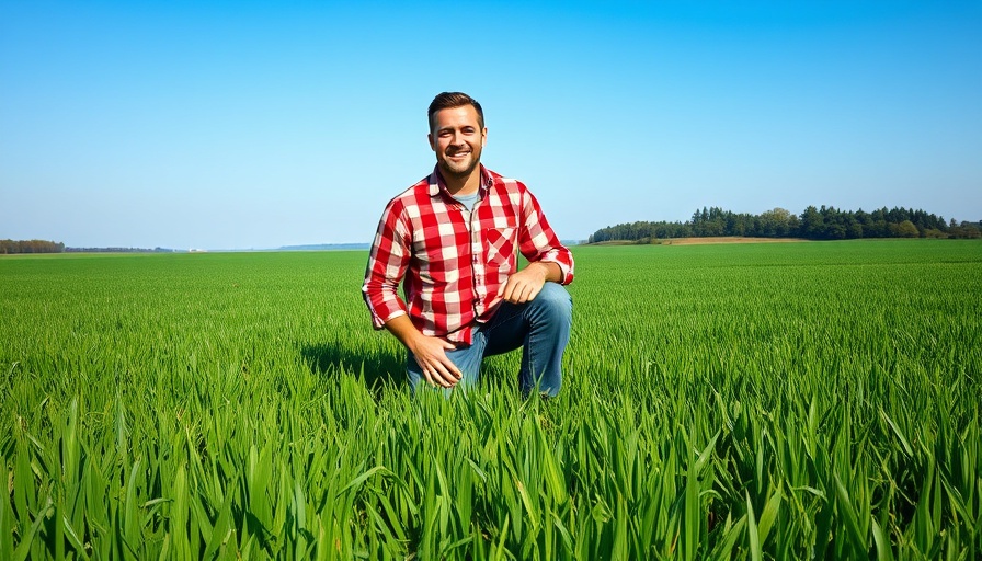 Smiling farmer kneels in a green field, Jobs on a Farm.
