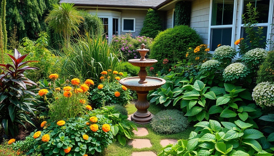 Lush home garden with diverse plants and birdbath, vibrant scene