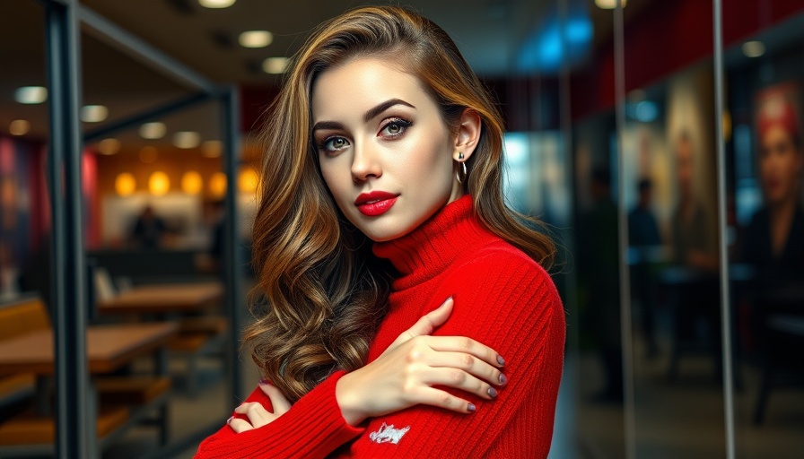 Confident woman posing in red sweater, integrating AI in the workplace magazine cover.
