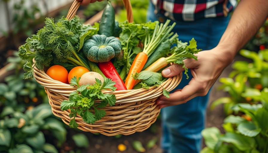 Person with a basket of vegetables in a lush backyard garden.