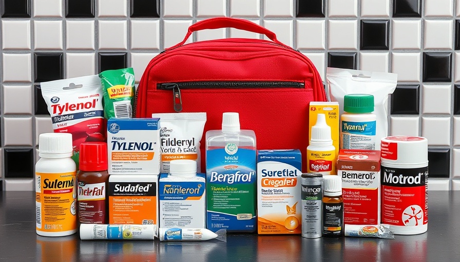 Various types of medicines for a first aid kit on a counter.