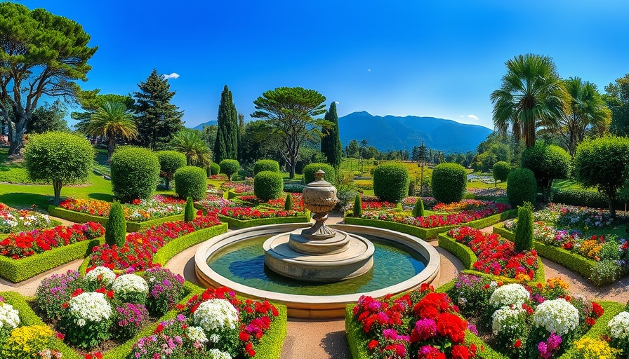 Beautiful Gardens in Italy with colorful layout and statue.