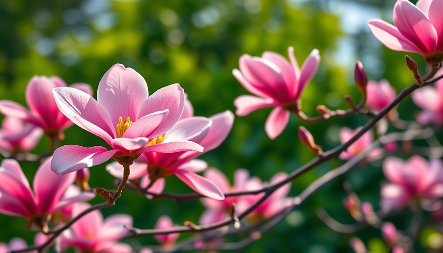 Pink magnolia flowers blooming in a home garden, vivid detail.