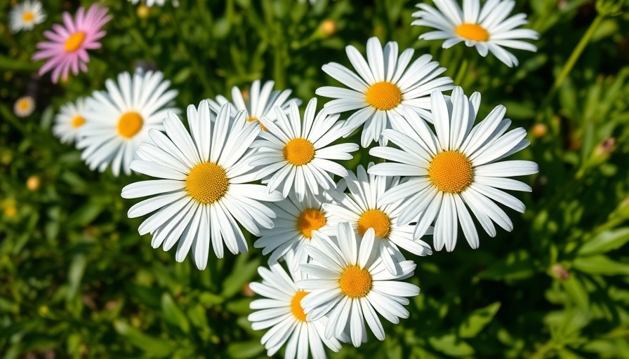 Close-up of blooming Shasta daisies with lush green background.