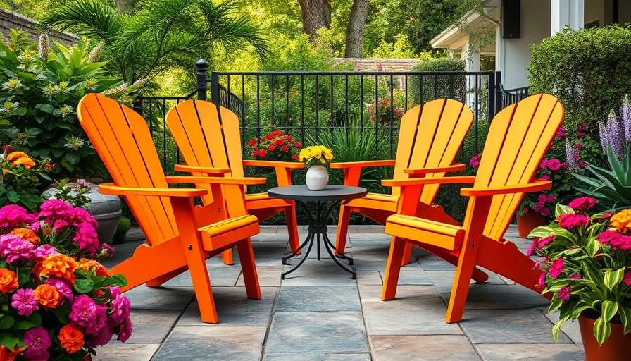Creative patio materials with vibrant orange chairs in lush garden setting.