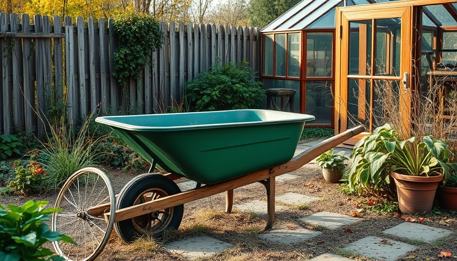 Green wheelbarrow in a fall garden setting with dry grass.