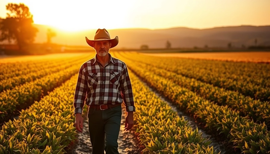 Farmer at sunset in a crop field with irrigation systems.