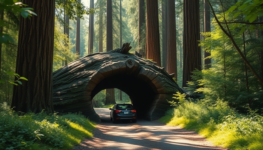 Car driving through tree tunnel in U.S. National Park, lush forest setting.