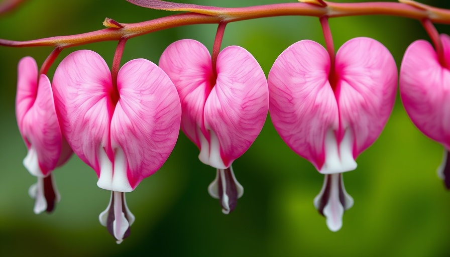 Close-up of pink bleeding heart flowers, highlighting their unique shape.