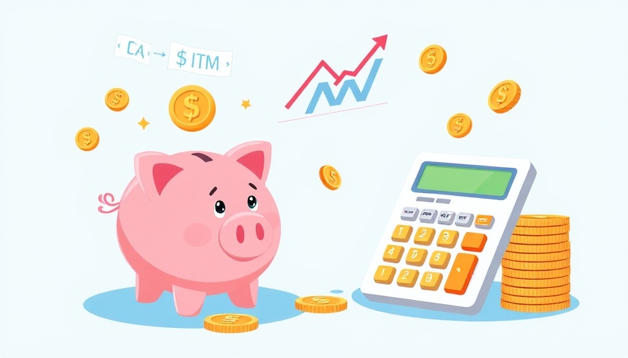 Financial literacy illustration with piggy bank, charts, and calculator.