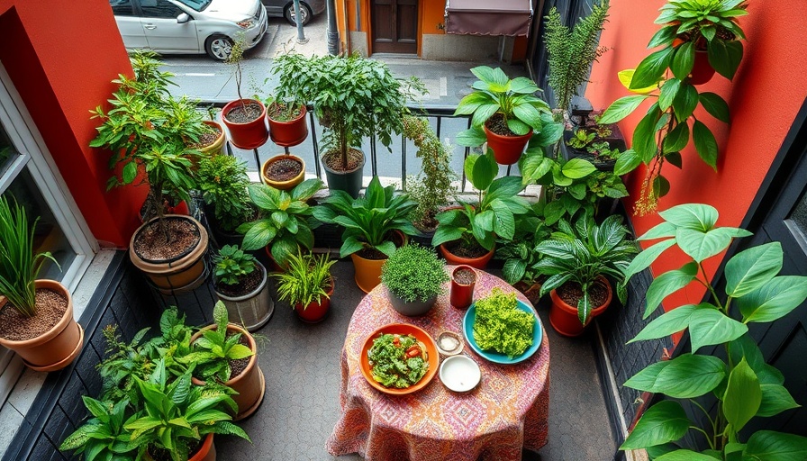 Urban balcony garden with potted plants and dining setup.