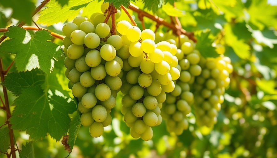 Green grape bunches on vines in garden setting.