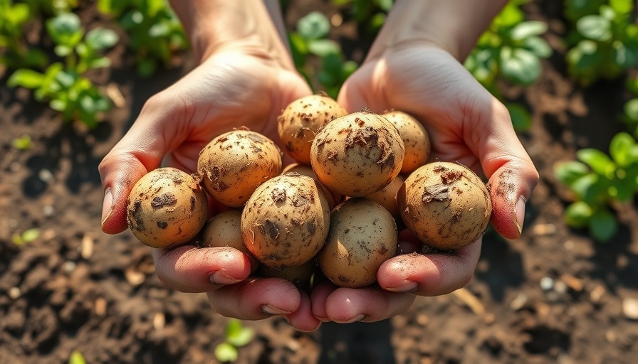 Freshly harvested potatoes held in hands in a garden setting.