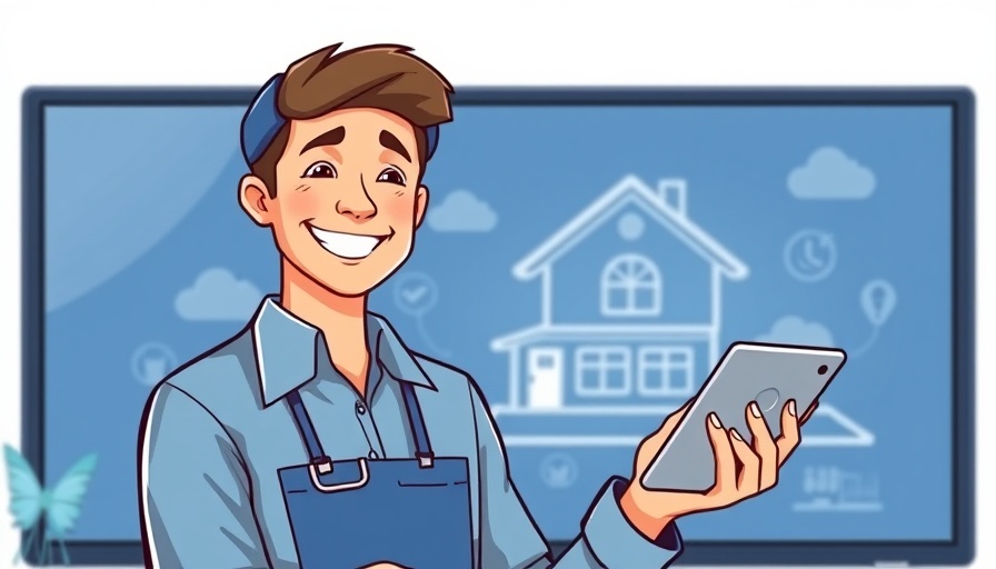 Cartoon service worker explaining digital home service strategies