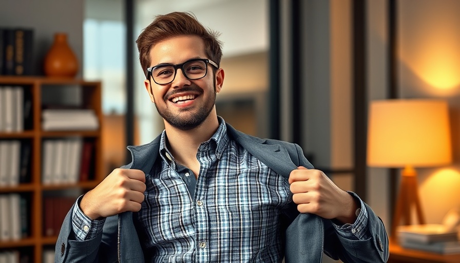 Young male entrepreneur smiling as he showcases clothing in a modern office.