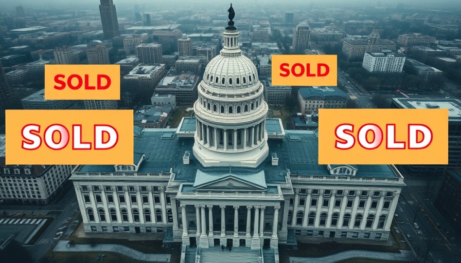 DOGE government building selling spree: iconic architecture with sold signs.