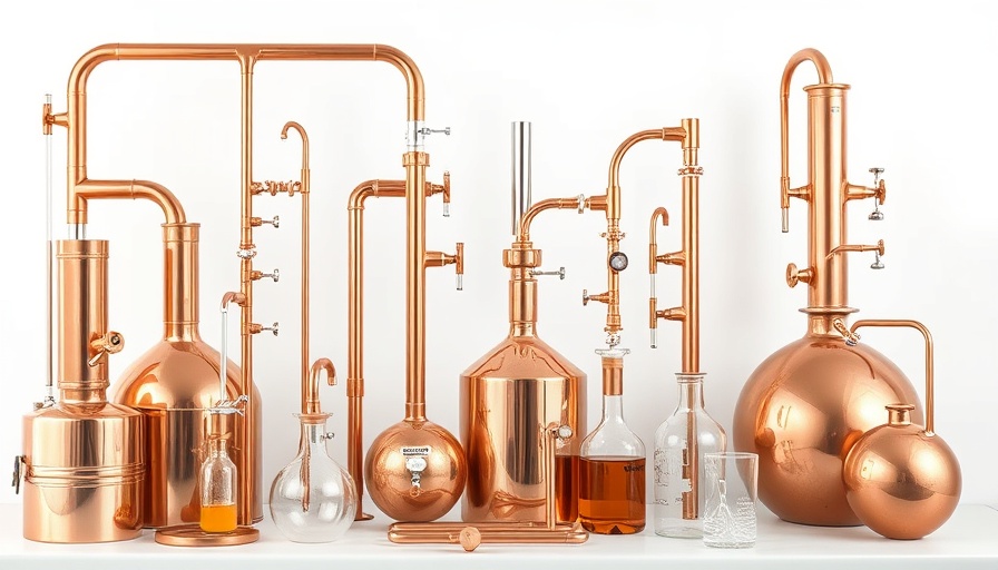 Copper home distillation equipment with tools on white background.