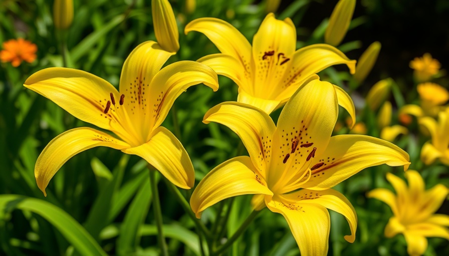 Yellow Turk's Cap Lilies blooming in a garden setting.