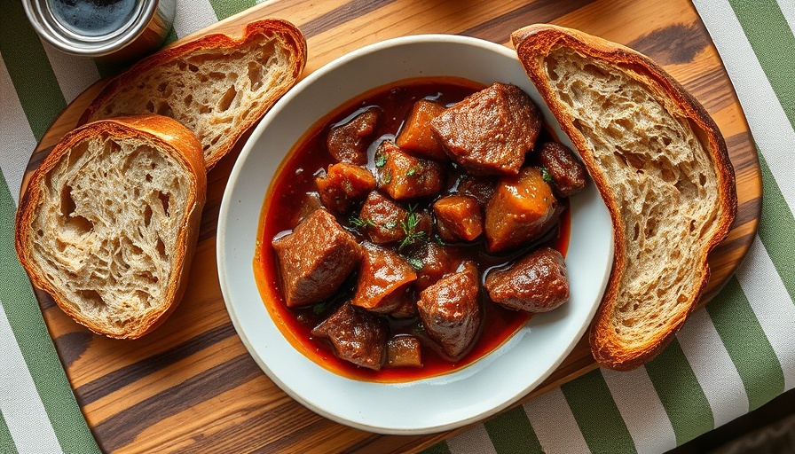 Delicious slow cooker beef stew with bread on table.