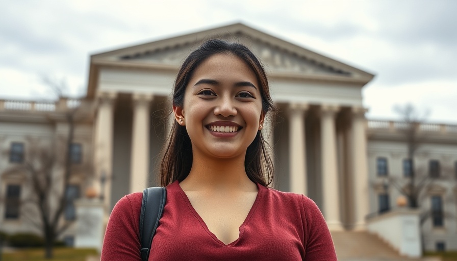 Young woman smiling outdoors near government building
