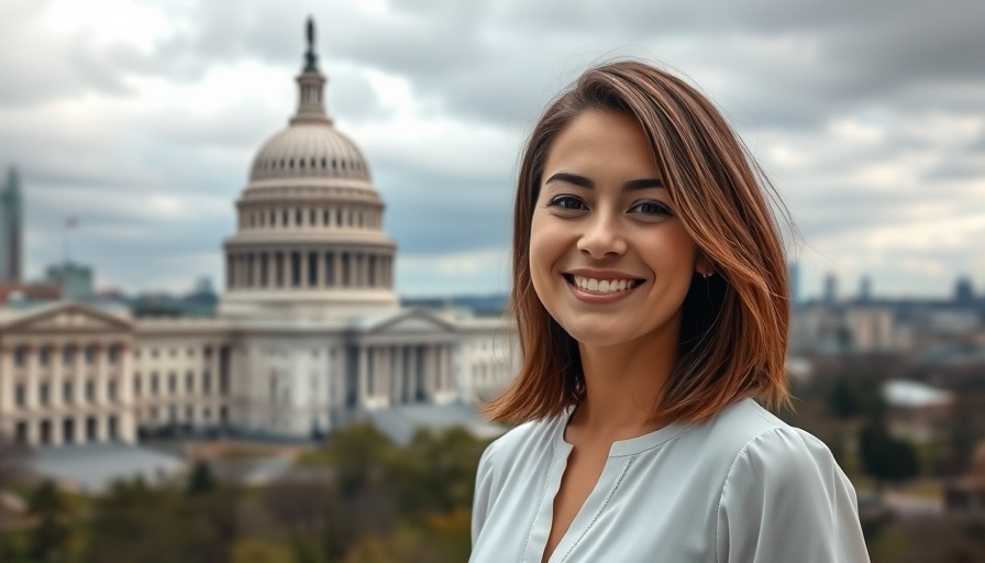 Smiling young woman with Capitol building in background, signs of a toxic workplace theme.