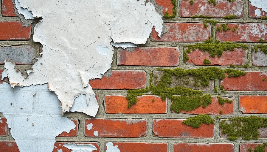 Brick wall with moisture damage and peeling plaster