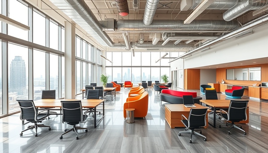 Spacious modern office design with vibrant lounge area and city view.