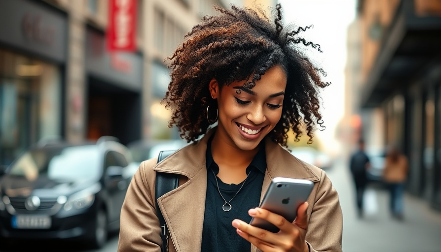 Young woman smiling at phone, social media ads for businesses background.