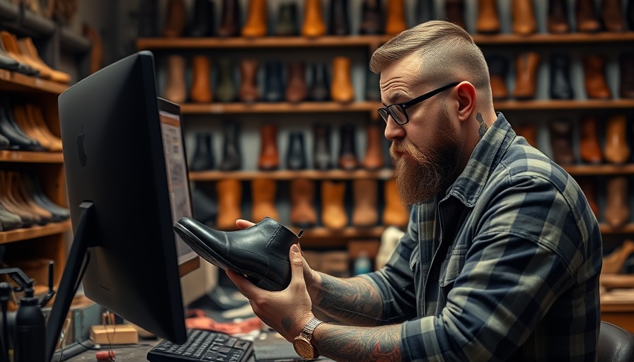 Shoemaker using computer in workshop, learning how to start a shoe business.