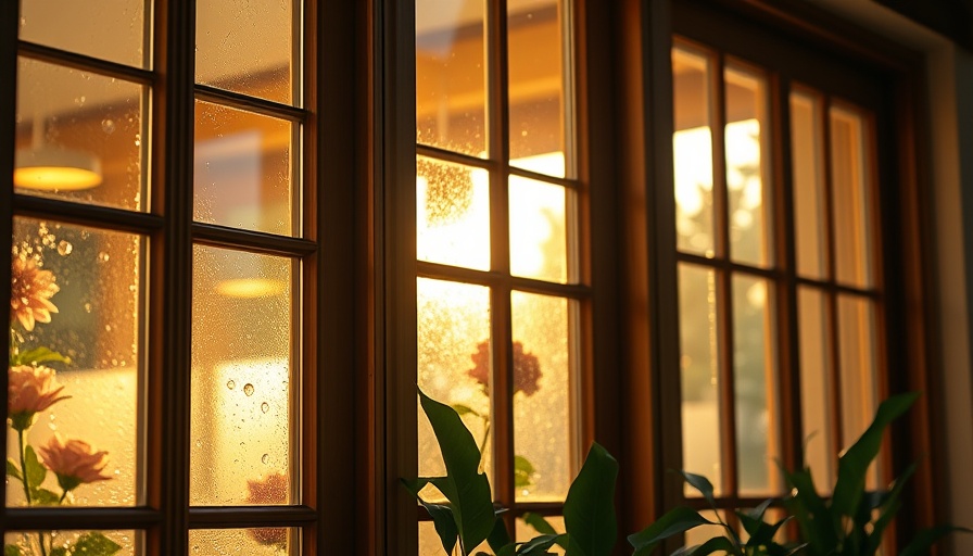 Close-up of timber-framed windows with plants during golden hour lighting.
