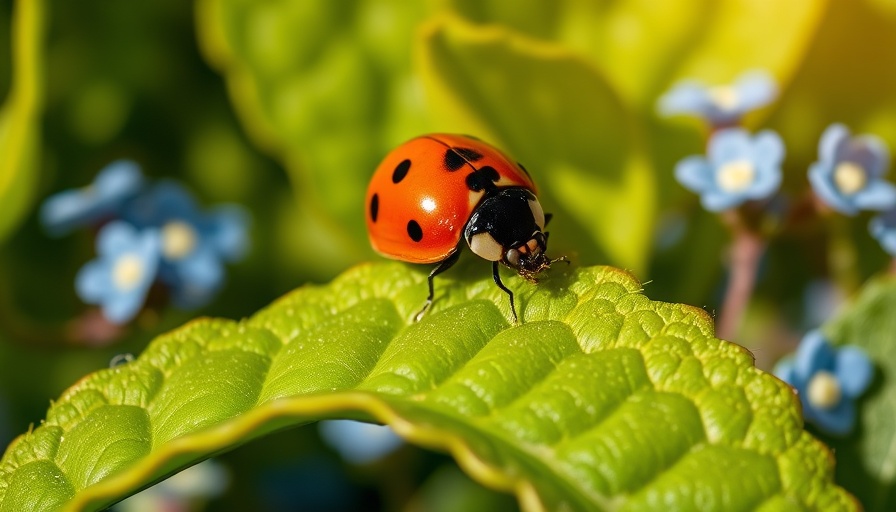 Ladybug on a leaf in a lush home gardening scene with flowers
