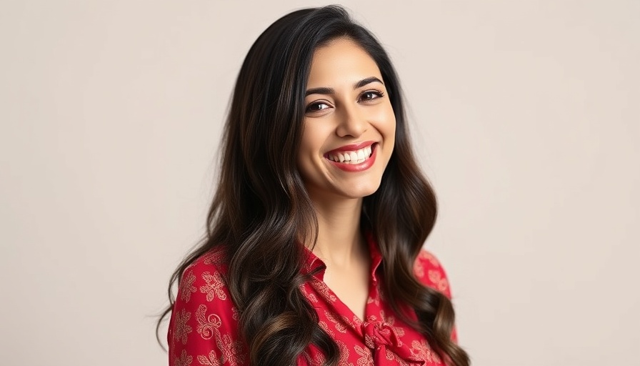 Smiling woman in red blouse related to California Medicaid funding for immigrants.