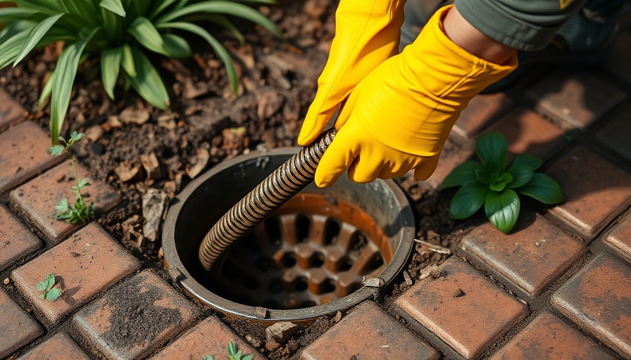 Clearing blocked outdoor drain with a drain snake.