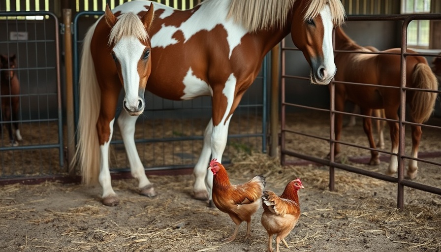 Horse and chickens in an urban farming scene.