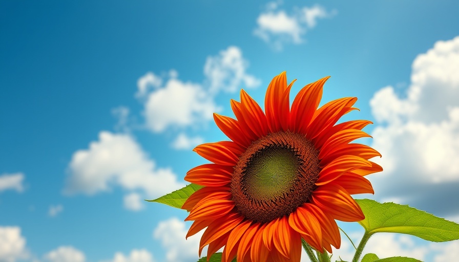 Vibrant pollenless sunflower against blue sky with clouds.
