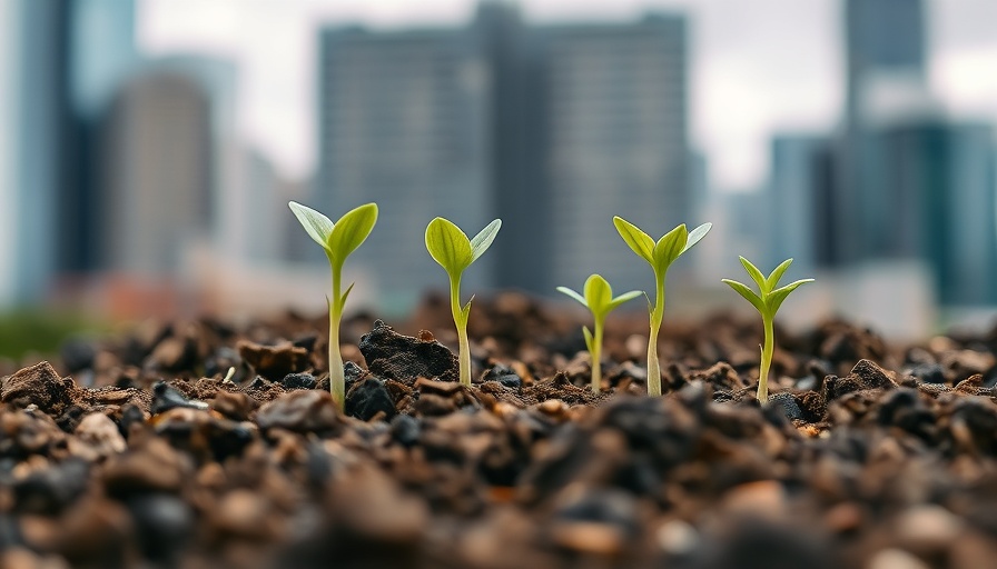 Seedlings growing in urban setting symbolizing climate change solutions.